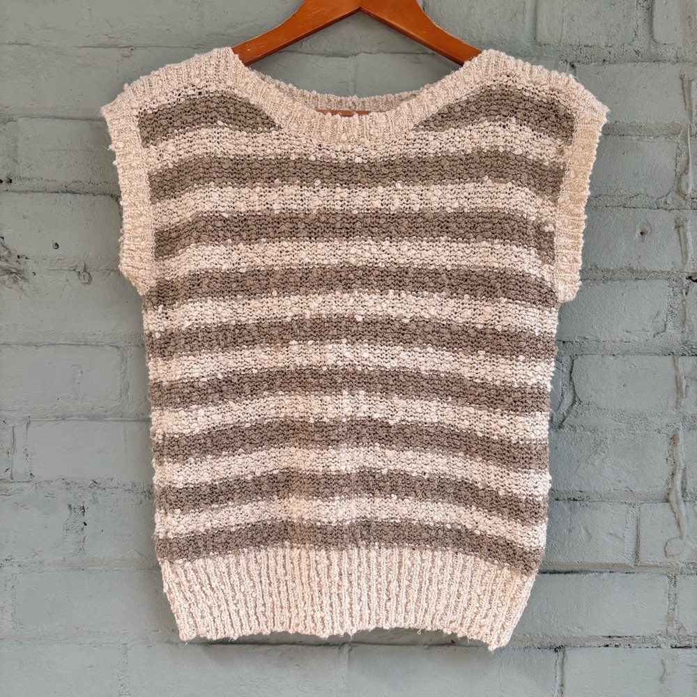 Beige and Brown Striped Knit Sleeveless Sweater Vest